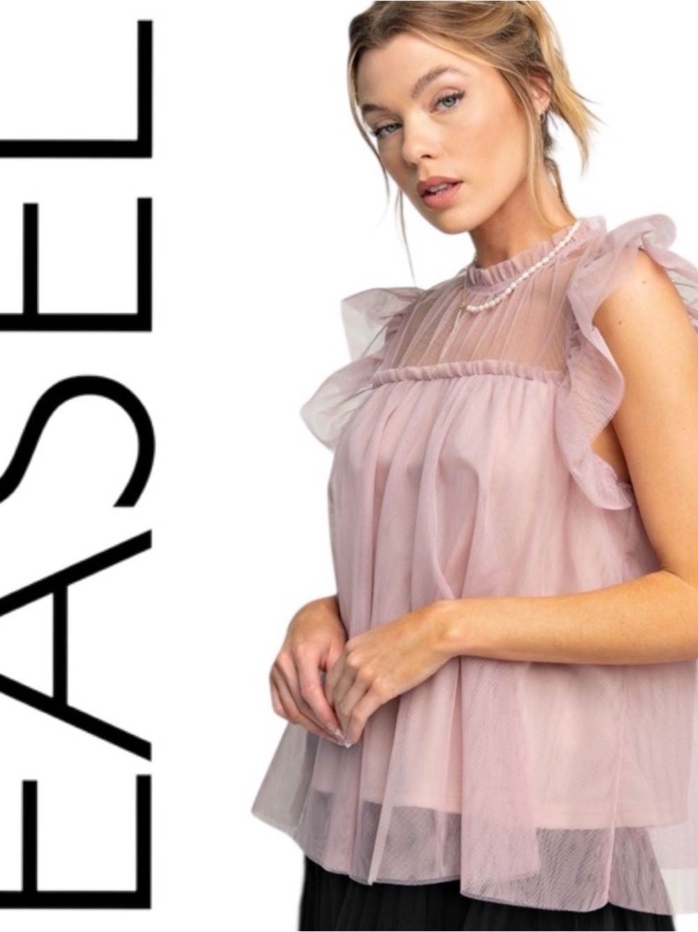 easel Sheer Ruffle Sleeve Mesh Top in Blush